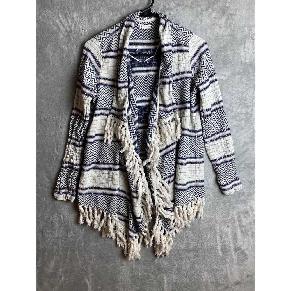 Patterson J. Kincaid Blue White Chevron Fringe‎ Open Front Cardigan Medium M
